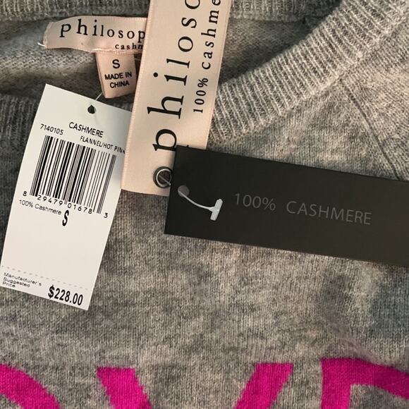 Philosophy 100% Cashmere Sweater Gray Love Crewneck Sweater NWT Valentine's Day - Picture 3 of 3